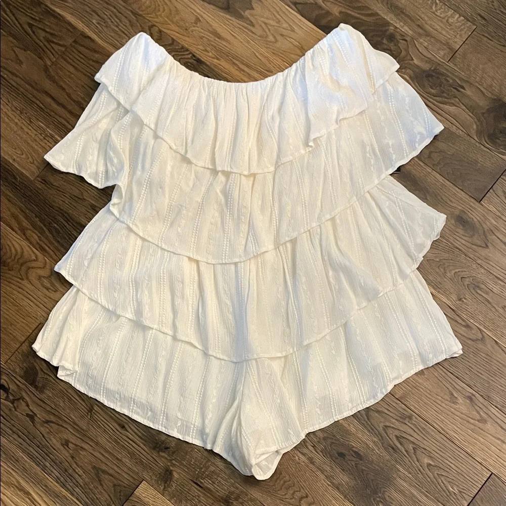 Express Cream Ruffle Off-Shoulder Romper - Picture 1 of 17